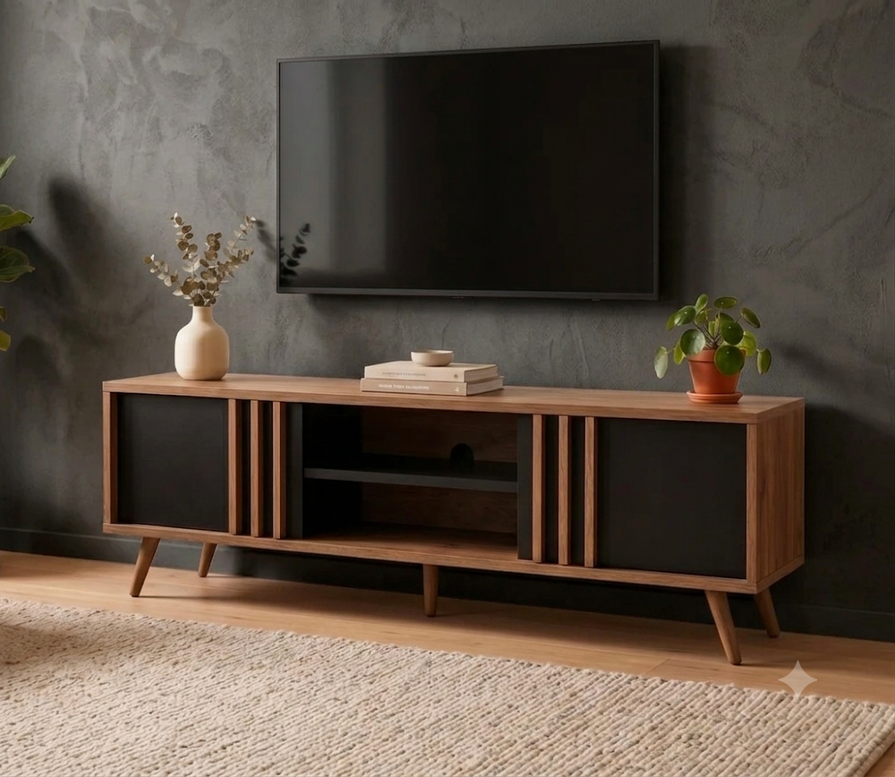 ترابيزة تلفزيون مودرن خشبية بأبواب سوداء وتفاصيل مضلعة TVU-MDN-BKW-001