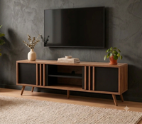 ترابيزة تلفزيون مودرن خشبية بأبواب سوداء وتفاصيل مضلعة TVU-MDN-BKW-001