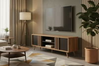 ترابيزة تلفزيون مودرن خشبية بأبواب سوداء وتفاصيل مضلعة TVU-MDN-BKW-001