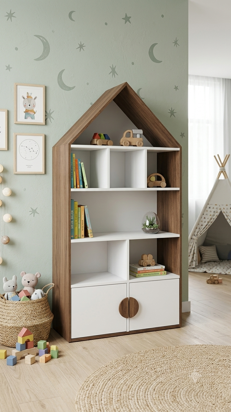 وحدة رفوف مودرن للأطفال على شكل بيت SHLF-HSE-BRWHT-40